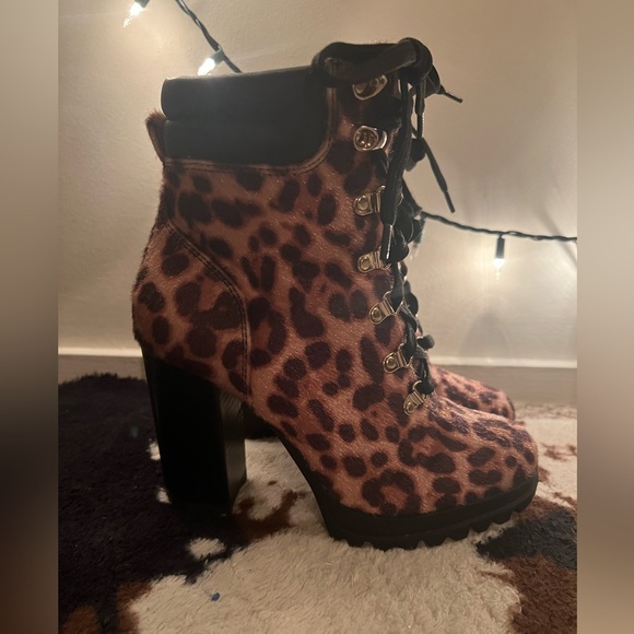 Aldo Cheetah Print High Heel Combat Boots - Picture 2 of 6
